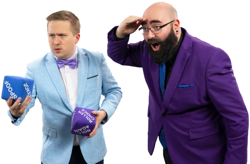 Josh and Milan with the genre and punchline dice